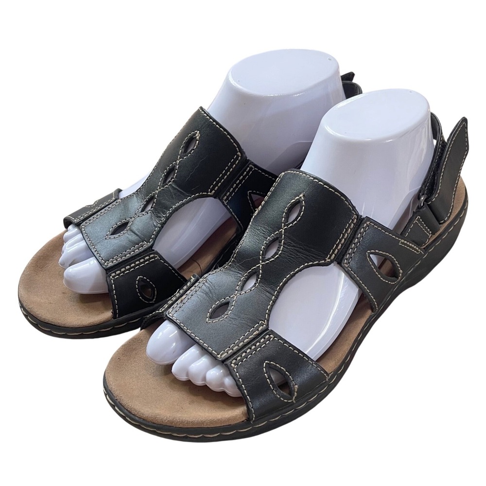 Clarks Women 9 black Leather Sandal Grunge strappy biker western boho goth beach